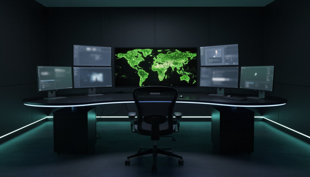 Bureau de nuit, six écrans et une carte du monde en vert