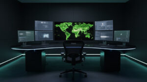 Bureau de nuit, six écrans et une carte du monde en vert